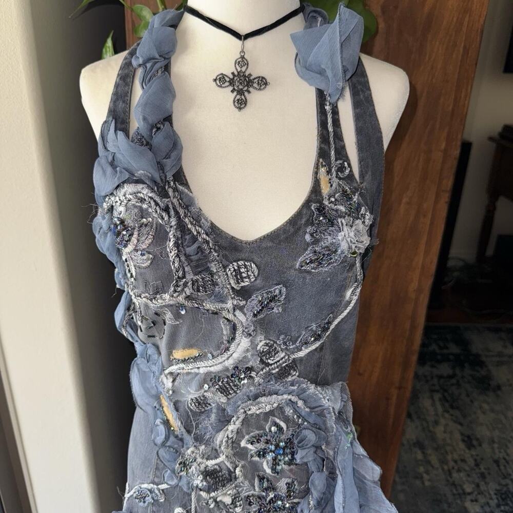 fairy 90s iridescent lace trimmed beaded floral embroidered denim halter dress - Picture 2 of 8